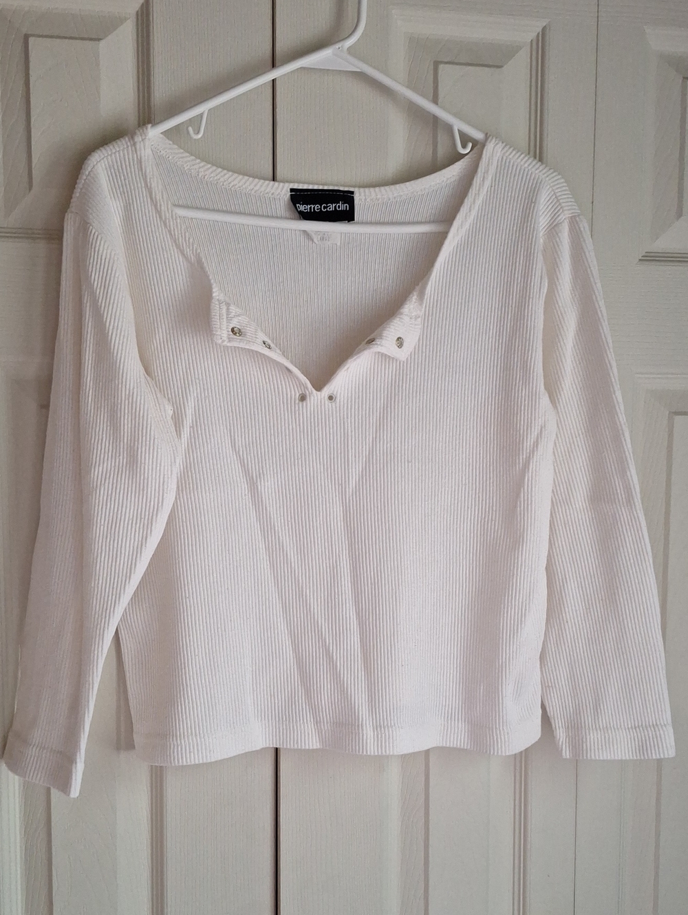 Pierre Cardin White Ribbed Long-Sleeve Henley Crop Top